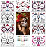 Halloween Face Tattoos,9Pcs Day of the Dead Face Stickers,Sugar Skull Black Skeleton Web Red Roses,Halloween Temporary Tattoos for Women Men Adult Kids Boys Halloween Party Fancy Dress Up Accessories