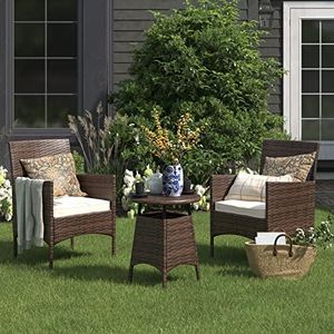 Barton 3 Pieces Bistro Chair Set w/Glass Table Beige Outdoor Patio Furniture Wicker Rattan Modern Conversation Chat Seating