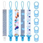 5 Pcs Dummy Clips with 5 Pcs Silicone Adapter, PP Material Baby Pacifier Clip for Boys, Soother Chain Holder Straps Teething Clips for Baby Teething Toys Baby Shower (Blue)