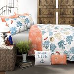 Lush Decor Blue and Coral Coastal Reef Quilt-Reversible 7 Piece Bedding Set with Feather Seashell Design-Full Queen