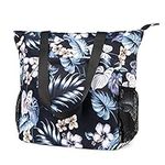 WANDF Floral Beach Tote Water-resistant Beach Bag Large Shoulder Bag for Yoga Travel with Multi Pockets (Black Flower)