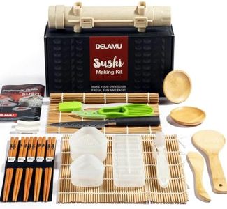 Delamu Sushi Making Kit, Upgrade 22 in 1 Sushi Maker Bazooker Roller Kit with Bamboo Mats, Chef's Knife, Triangle/Nigiri/Gunkan Sushi Rice Mold, Chopsticks, Sauce Dishes, Rice Spreader, User Guide