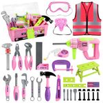 Deejoy Tool Set with Pink Tool Box & Electronic Toy Drill,Pretend Play Kids Construction Tools ,Gardening Set,Outdoor Toys for Kids 3-5, 6-8,Pink Tool kit ,Toddler Tool Set,Girl Toys,Girl Gift (Pink)