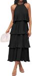 ZESICA Women's 2024 Summer Sleeveless Halter Neck Ruffle Tiered Layed Chiffon Flowy Swing Long Midi Dress,DarkBlack,X-Large