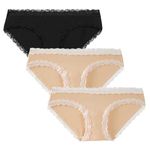 INNERSY Lace Women's Knickers Cotton Sexy Underwear Female Low Rise Pants Cute Panties Pack of 3 (14, Black/2 Pale Apricot)