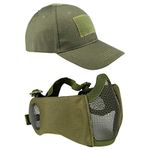 AOUTACC Airsoft Mesh Mask with Ear Protection and Adjustable Baseball Cap Set for CS/Hunting/Paintball/Shooting (OD)