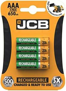 Batteries JCB AAA Rechargeable 650mAh - 4 Pack Pre-Charged Ni-MH Suitable for Cordless Phones, Panasonic, Philips, Siemens, Binatone, BT, iDect etc