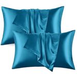 RAGGLE Set of 2 Satin Silk Pillowcase for Hair and Skin Standard Size 18"X 28" with Soft Breathable Smooth Cooling Pillow Covers for Sleeping or Pillow Protector (2, Teal Blue)