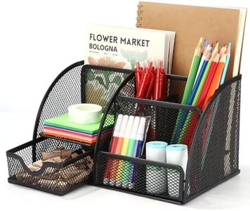 Rangement Organisateur Bureau, Desk Organiseur en Maille Materiel avec Tiroir et porte-stylo, 6 Compartiments de tri, Organiseurs et Distributeurs pour Stylos, Pinces à Dossiers, Notes Autocollantes