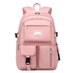 15.6 inch Laptop Rucksack, Multi-pocket Backpacks Girls Bookbags Solid Color, Waterproof School Bags for Girls Secondary School, Lightweight Casual Daypack (Pink)