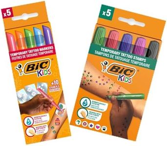 BIC Kids - Kit pour tatouages temporaires : stylos, pochoirs et tampons à encre sans parfum testée sous contrôle dermatologique - Pack de 5 stylos + 10 pochoirs+ 5 tampons