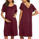 Ekouaer Women’s Nursing/Delivery/Labor/Hospital Nightdress Short Sleeve Maternity Nightgown with Button S-XXL, Dark Red, S