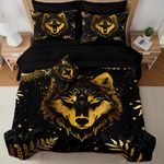 MUGINYU Gold Wolf Comforter Set Queen,Wildlife Boho Bedding Set with Gold Moon Leaves 8 Pieces Bed in a Bag with 1 Comforter, 4 Pillowcases, 1 Flat Sheet, 1 Fitted Sheet, 1 Cushion Cover