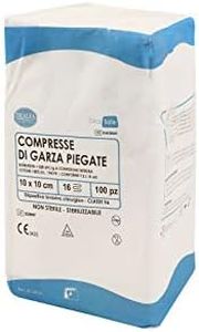 DEALFA Compresse di Garza Piegata. Garza Idrofila di Puro Cotone 100% per la Medicazione. Prodotto Monouso - a 16 strati - Confezione da 100 pezzi (cm 10x10)