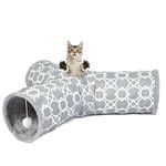 LUCKITTY Geometric Cat Tunnel with Plush Inside,Cats Toys Collapsible Tunnel Tube with Balls, for Rabbits, Kittens, Ferrets,Puppy and Dogs (Grey-White-3 Way)