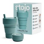 STOJO Collapsible Travel Cup With Straw- Eucalyptus, 16oz / 470ml - Reusable To-Go Pocket Size Silicone Cup for Hot and Cold Drinks - Perfect for Camping and Hiking - Microwave & Dishwasher Safe