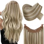 RUNATURE Blonde Invisible Wire Hair Exensions Real Human Hair Blonde Highlight Brown One Piece Fish Line Hair Extensions Human Hair Straight Invisible Wire Hair 14 Inch 70g