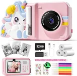 Skirfy Kids Camera Instant Print,2.5K Kids Selfie Video Camera,Instant Print Camera for Kids 7-12 with DIY Glow Stickers,Print Paper&32GB Card,Birthday Gift for Kids,Unicorns Toys for Girls Age 4-6