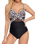 Tempt Me Women One Piece Bathing Suits Tummy Control Swimsuits Cutout Mesh Front Cross Swimwear, Leopard Black, Large