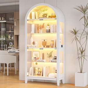 HNEBC Arched Display Cabinet with Glass Doors& Music Sync Lights,White