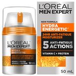 L’Oréal Paris Men Expert Anti Fatigue Daily Moisturizer for Men with Vitamin C & Protein, 24HR Non Greasy Hydration, For Dry and Dull Skin, Reduces look of fine lines & dark circles, Hydra Energetic, 50ml