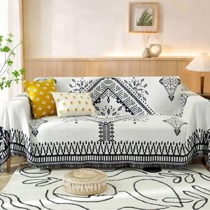 Homcosan Sofa Slipcovers Towel Reversible Couch Cover for 4 Seat Cushion Blanket Geometrical with Tassels Protector Pets, Kids （XX-Large White-black 1