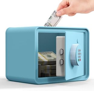 Kids Mini Safe Small Cash Box – GoldenKey Blue Macaron 7”x9.4”x6.3” Money Security Safe with Coin & Bill Slot, Keypad & Key Lock, USB Backup, DIY Stickers, Piggy Bank for Home