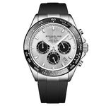 Stuhrling Aquamaster Quartz Chronograph Watch Silver Dial Screw Down Crown Luminous Hands, Ceramic Bezel, Black Rubber Band for Men 42mm Case Date Water Resistance, Silver (Silver)