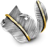 Boho-Magic 925 Sterling Silver and Brass Leaf Adjustable Ring for Women, Cool Plain Simple Open Wrap Feather Ring Size 7-10