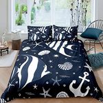 Shell Navy Blue Duvet Cover Set King for Kids Adult Bedroom Starfish Ocean Conch Soft Comforter Quilt Cover Anchor Bedspread Cover Bedroom Collection 3Pcs Bedclothes