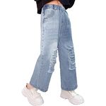 MEILONGER Girls Baggy Ripped Jeans Kids Wide Leg Denim Pants Size 8,10-12,14-16 (10-12, 11223-light Blue)