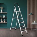 Plantex Steel Ladder for Home/Strong Foldable Wide 6 Step Ladder/Anti-Skid 6 Step Ladder - (Apex - White)