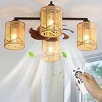 Capslpad 24'' Boho Caged Ceiling Fan with Light and Remote Rattan Farmhouse Flush Mount Ceiling Fan Low Profile 6 Speed Fandelier Chandelier Fan for Bedroom Living Room Dining Room Kitchen