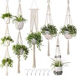 Urooz Macrame Cotton Wall Plant Hanger Without Pot & Pack of 6 | Ceiling Hook Hanger, Rope Flower Pot Holder for Indoor Outdoor Balcony Garden | Home Decor Flower Planter (White)