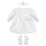 Lilax Baby Girls' Lace Floral Embroidered Dress with Matching Shoes Christening Baptism Dress, White, 9-12 Months