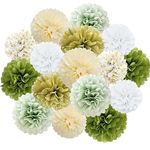 Sage Green Party Decorations Pompoms 16pcs Olive Sage Green Tissue Paper Pompom Decorations Sage Green Gold White for Bridal Shower Baby Shower Bachelorette Wedding Birthday Engagement Party