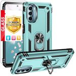 TJS Compatible with Motorola Moto G 5G 2022 Tough Mobile Phone Case, Tempered Glass Screen Protector, Defender Metal Ring Kickstand Magnetic Support Drop Protective Cover (Teal)