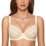 DOBREVA Women's Sexy Sheer Lace Bra Minimiser See Through Bralette Underwire Non Padded Parchment 36B