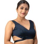 FIGURE'S DESIGNER Women's Silk V Neck Sleeveless Readymade Saree Blouse Padded Unique String Design Indian Bollywood Festive Occasion Bow Tie Back Hook (36, Navy Blue)