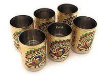 HEET Handicrafts Set of 6 Stain Less Steel Glass Indian Hand Made Meena Work Peacock Design Golden Color Diwali Christmas Tumbler Gift Set Item (Golden)