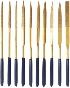 Yakamoz 10Pcs Titanium Coated Small Diamond Needle File Set 3x140mm Mini Round Triangular Square Flat Shape Metal Riffler Files Jewelers File Precision Hand Tools for Glass Wood Stone Jewelry