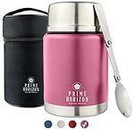 Prime Horizon Food Flask - 500ml Stainless Steel Vacuum Double Wall Jar with Folding Spoon, Leakproof and BPA Free. Free Insulated Travel Bag with Carabiner and Gift Box (Pink)