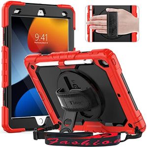 Timecity Case for iPad 9th/ 8th/ 7th Generation 10.2 inch (Case for iPad 9/8/ 7 Gen): with Strong Protection, Screen Protector, Hand/Shoulder Strap, Rotating Stand, Pencil Holder - Red