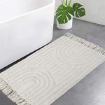 LEEVAN Boho Bathroom Rugs 2'x3', Handmade Washable Beige Bath Mat with Tassels, Bohemian Kitchen Runner, Farmhouse Cotton Entryway Rug for Bedroom/Laundry Room Accent Woven Throw Rug