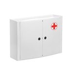 TATAY Horizontal plastic cabinet, white colour, 2 doors without knobs, and removable inner shelf. Red Cross graphic on one of the doors