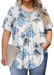 IN'VOLAND Womens Plus Size Womens Crew Neck Short Sleeve Pleated T Shirts Fashion Summer Tops Casual Tunic Blouse Blue Rose