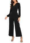 YUNDAI Womens Jumpsuit Fall Long Sleeve V Neck Casual Loose One Piece Outfits Wrap Waist Long Pants Romper with Pockets