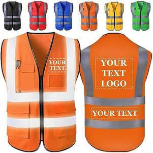 Custom Safety Vest Personalized Logo/Text/Name Customize High Visibility Vests with Pockets and Zipper Bulk for Women Men Work-Orange