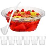 Nuogo 2.5 Gallon Punch Bowl with Ladle Stackable Plastic Tumbler Cups Set Include an Embroidered Punch Plastic Bowls with a Ladle 6 Pcs 10 oz Clear Plastic Glasses for Soup Water Parties