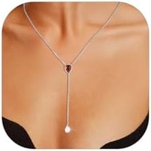 FOCALOOK 925 Sterling Silver Pear Birthstone Pendant Necklace for July Women Simulated Ruby Birthday Jewelry Adjustable